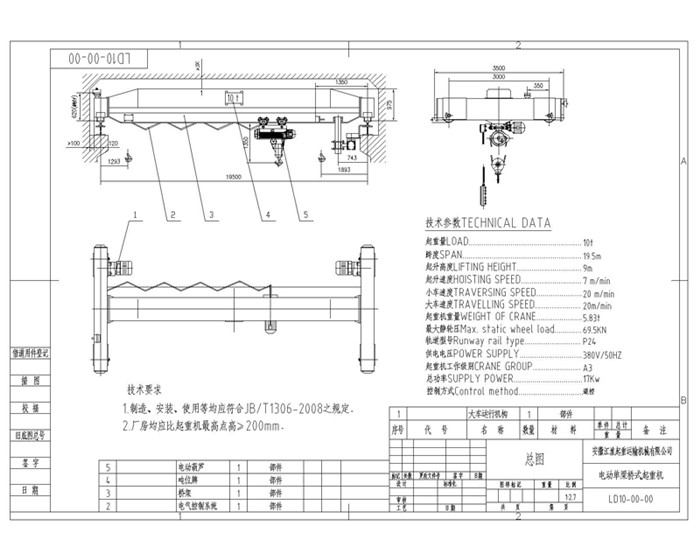 安起LD10t-19.5m電動單梁起重機